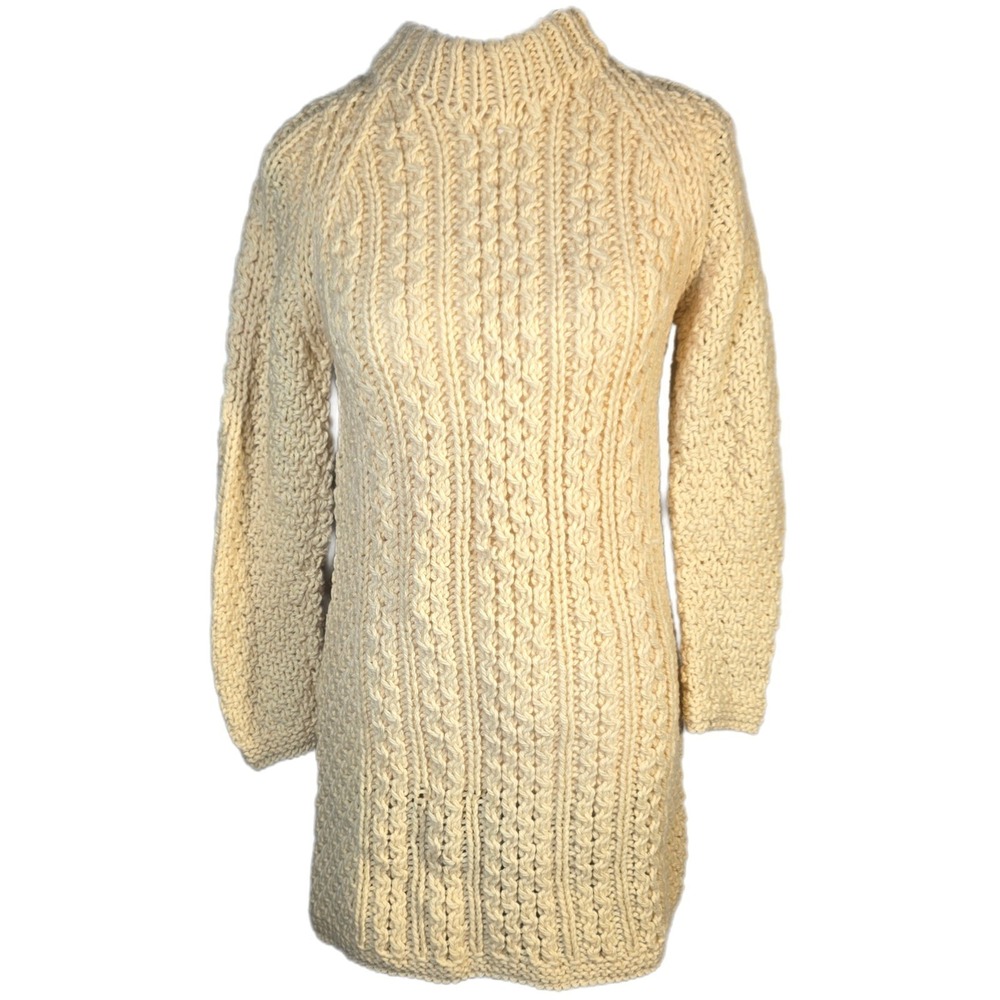 VINTAGE 70/80s‎ Handmade Cream Aran Knit Wool Blend Sweater Tunic Dress Mock